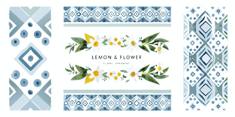 lemon and flower wreath watercolor illustration with blue geometric patterns pattern floral ornament botanical design artwork decorative natural fresh spring summer greeting card © Tapas