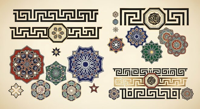 Colorful Islamic Geometric Ornaments Arranged on Beige Background