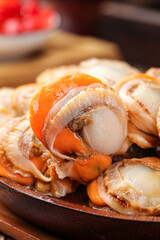Freshly Shucked Scallops with Orange Roe on Wooden Plate - Premium Qingdao Seafood Delicacy © DangThi