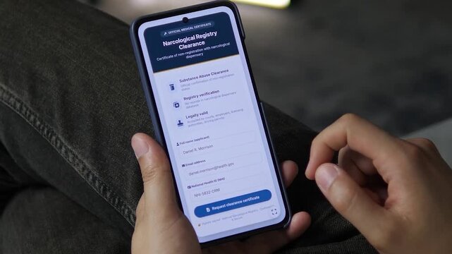 Mobile app for requesting an official Narcological Registry Clearance. User submits details and receives a certificate confirming no records. Perfect for GovTech apps, healthcare portals