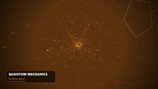 Glowing golden quantum mechanics particle burst animation showcasing scientific physics research with geometric pentagon shapes