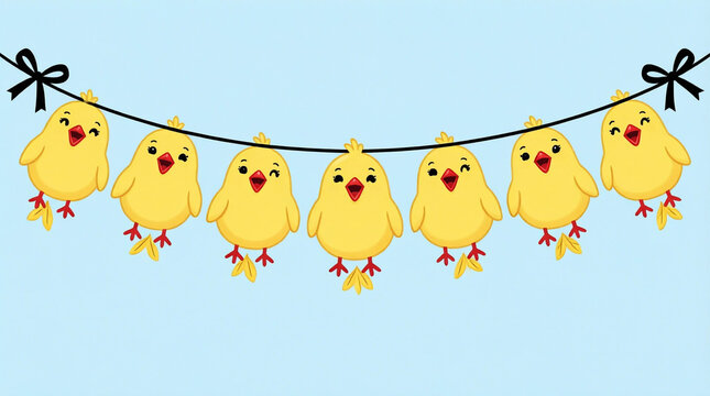 String of cute cartoon chicks hanging as festive decoration for Easter or spring celebration