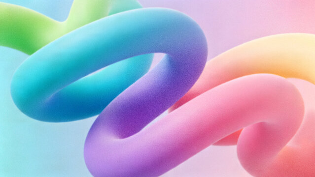 Abstract grainy 3D render shape featuring intertwined organic knots and random fluid strands with holographic pastel pink purple and blue gradient background.