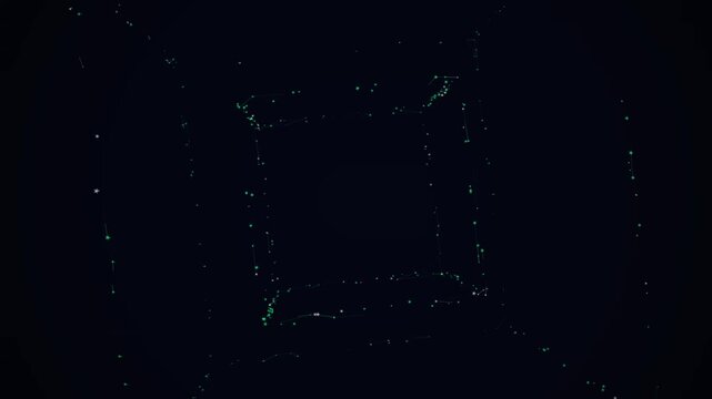 Glowing green geometric cube structure formed by connected data points and lines in dark space
