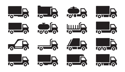 Naklejka premium Collection of various truck icons silhouette flat style on white background.