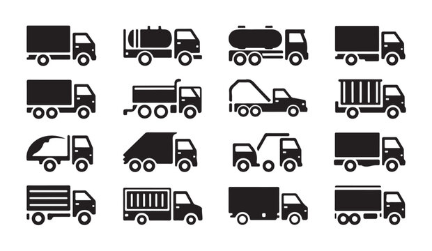 Diverse collection of truck and vehicle icons in silhouette.