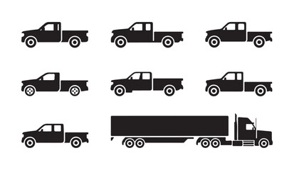Set of black and white pickup trucks with various body styles and wheels. © Ripon