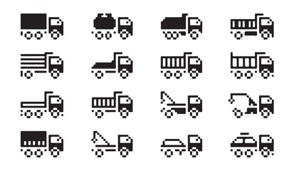 Heavy duty dump truck and industrial vehicle icons set for construction work site transport. © Ripon