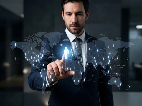 A professional businessman interacts with a holographic map interface to manage global human resources and expand corporate connections across international markets using advanced digital