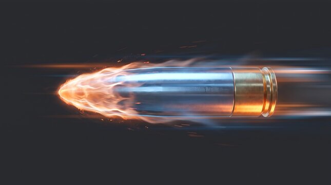 Metallic bullet flying at high speed surrounded by fire on black background