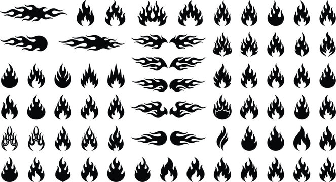 Tattoo tribal vector silhouette and outline icon set, with gothic wings fire flames badgesTattoo tribal vector silhouette and outline icon set, with gothic wings fire flames badges