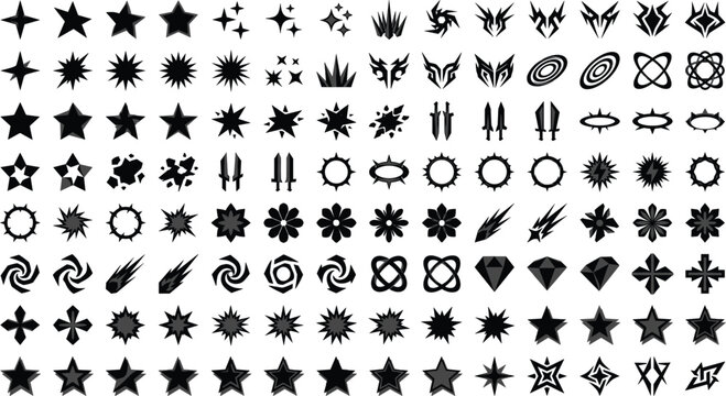 Tattoo tribal vector silhouette and outline icon set, with gothic wings fire flames elementsTattoo tribal vector silhouette and outline icon set, with gothic wings fire flames elements