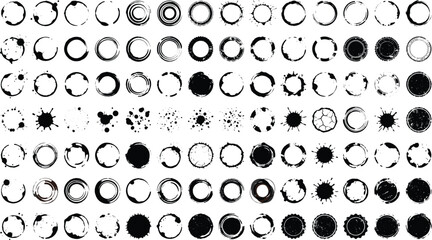 Graffiti spray paint splatters and drips vector silhouette set, with street art circular frames badges © Sagor