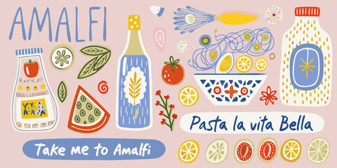 illustration of italian food ingredients and pasta in whimsical style amalfi lemon tomato wine bottle herbs vegetables spices vector art colorful hand drawn graphic © Tapas