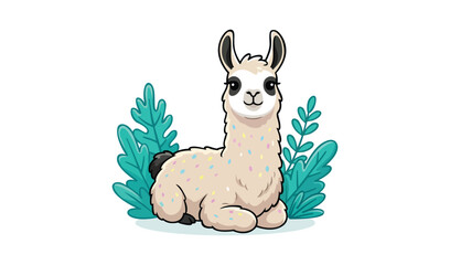 Cute cartoon llama sitting surrounded by green plants with colorful heart decorations vector © Naim01
