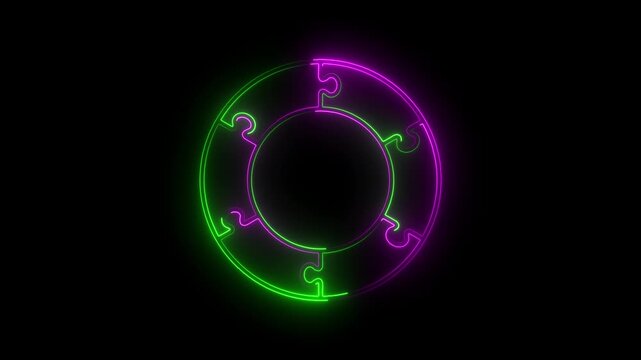 Neon glowing puzzle circle diagram. Circular jigsaw infographic with five connected parts.