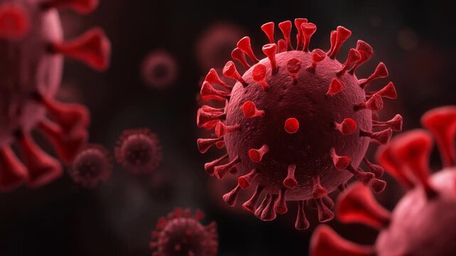 Close up illustration of red coronavirus particles under microscope with dark background