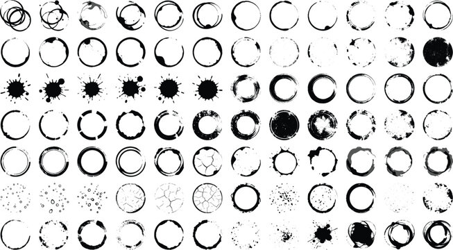 Graffiti spray paint splatters and drips vector silhouette set, with street art circular frames elements