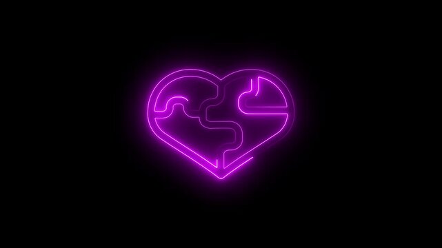 Neon purple heart puzzle pieces. Glowing love symbol as a jigsaw connection concept.