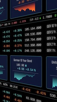Government bonds trading screen, interest rates, bond market, charts, prices moving up and down, financial market. Yield, debt, finance, treasury bond, coupon, rate, credit score, market data