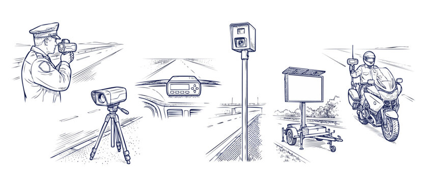 Speed camera traffic police sketch set of road safety equipment and speed limit enforcement elements with radar gun, tripod camera, dashboard device, patrol motorcycle, and mobile solar warning sign.