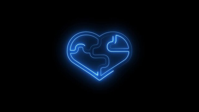 Glowing blue heart puzzle icon. Neon love shape made of jigsaw pieces on black background.