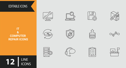 Advanced IT and Computer Repair Outline Icon Set for Tech Support and Network Diagnostics © MstBadena