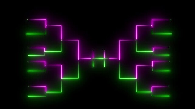 Neon tournament bracket on black background. Glowing sports competition chart for playoffs.