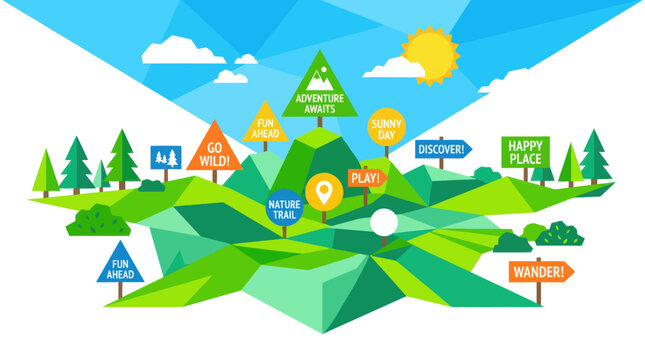 Low poly travel map with mountain adventure signs and forest landscape