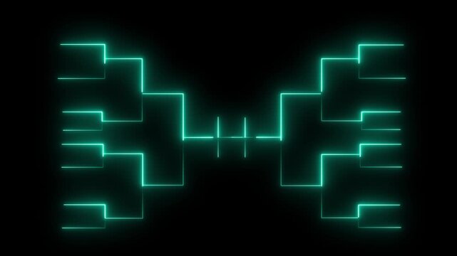 Neon tournament bracket on black background. Glowing digital sports competition chart.