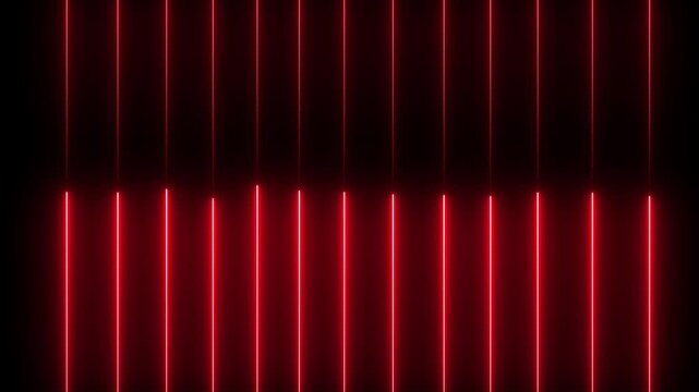 Red neon light lines on black background. Abstract vertical glowing laser beams pattern.