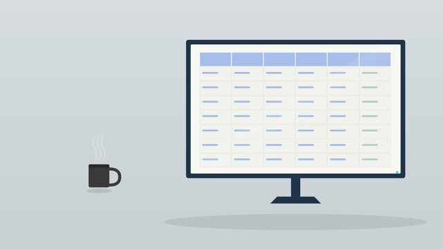 desktop computer monitor showing a spreadsheet with a coffee cup on a warm desk, cool blue tone