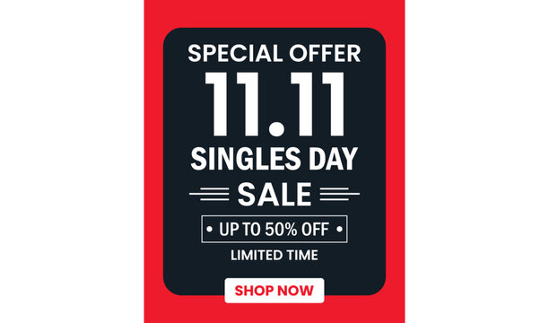 Special offer banner for 1111 singles day sale with up to fifty percent discount vector