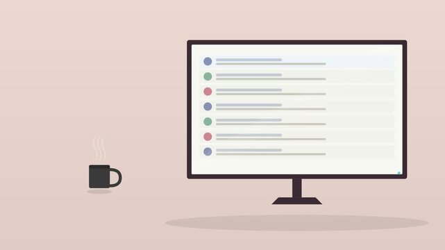 desktop computer monitor showing an email inbox with a coffee cup on a warm desk, blush tone