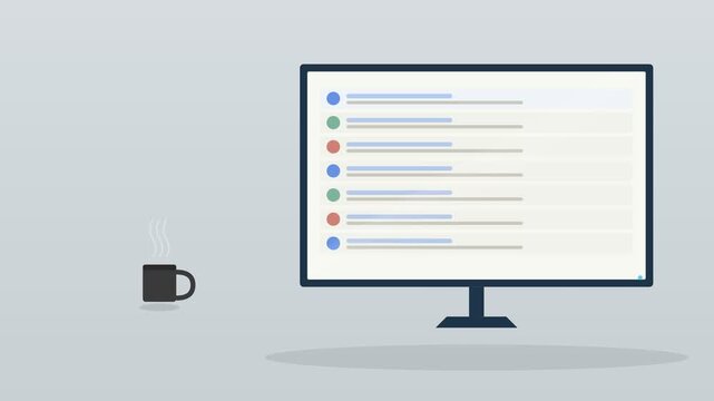 desktop computer monitor showing an email inbox with a coffee cup on a warm desk, cool blue tone