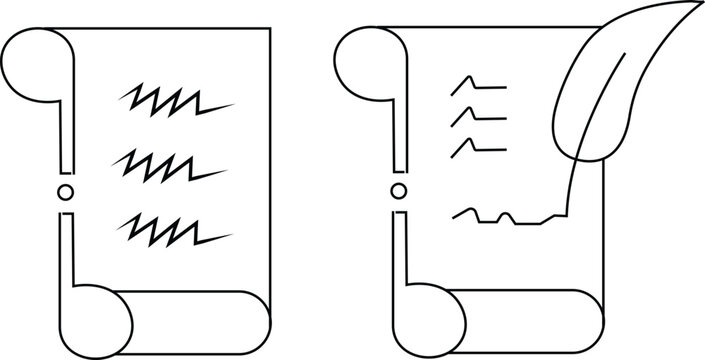 Minimalist vector line art icon set of a legal scroll paper document and a feather quill pen signing a contract