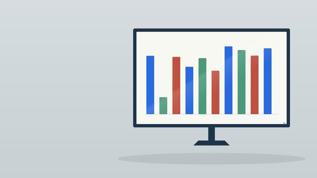 desktop computer monitor showing an animated bar graph on a warm desk, cool blue tone