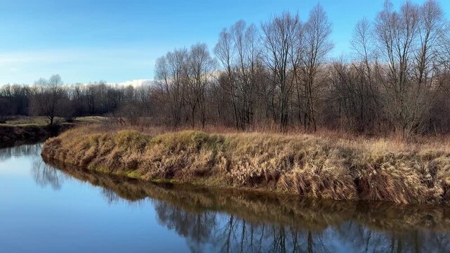 Panoramic view from the bank of a calm river in autumn. Autumn river and blue sky. Seasonality, peaceful solitude, natural landscape