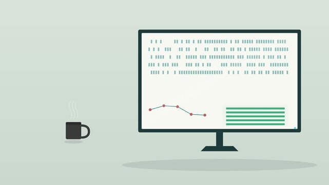 desktop computer monitor showing data rows and a line chart with a coffee cup on a warm desk, mint tone