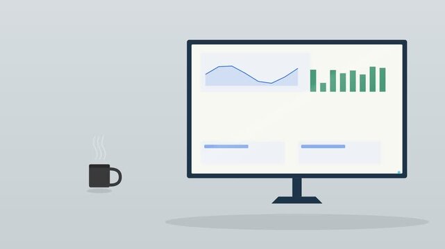 desktop computer monitor showing an analytics dashboard with a coffee cup on a warm desk, cool blue tone
