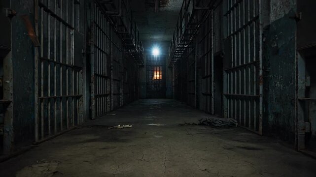 Dark empty prison corridor with rusty metal bars and cracked concrete floor under dim lighting