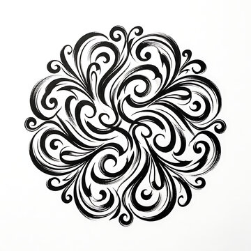 Elegant hand drawn black ink swirl mandala ornament circular filigree design on white background
