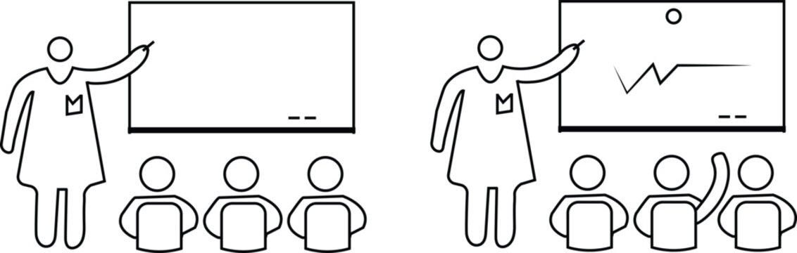 Vector icon set of a female teacher pointing at a whiteboard presenting data and teaching students in a classroom