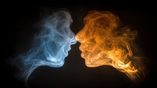 Abstract Blue and Orange Flame Faces Facing Each Other