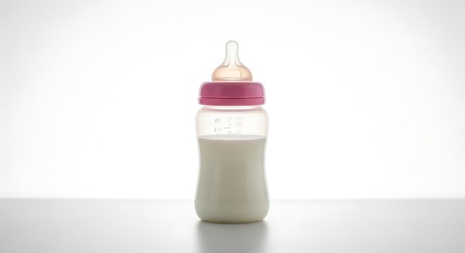 Baby Bottle Filled with Milk Standing on Bright White Surface