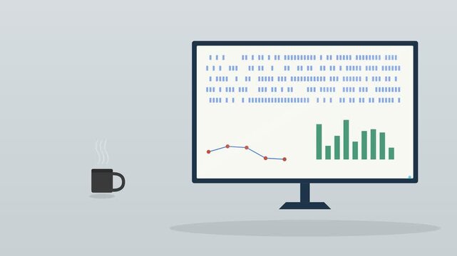 desktop computer monitor showing data analytics with a coffee cup on a warm desk, cool blue tone