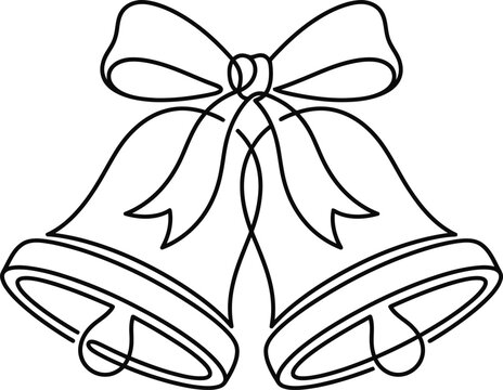 Continuous line art illustration of two Christmas bells with a ribbon bow.