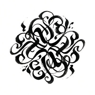 Abstract Black Ink Calligraphy Mandala Ornament with Swirls and Brush Flourish on White Background