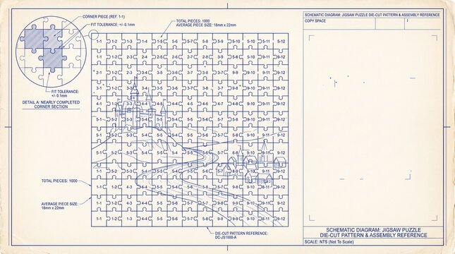 Jigsaw puzzle schematic diagram with die cut pattern grid, numbered pieces and corner detail in blue ink on beige paper, hobby and game design concept.