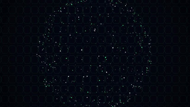 Glowing particles forming a sphere shape with a digital hexagonal grid pattern for modern science technology